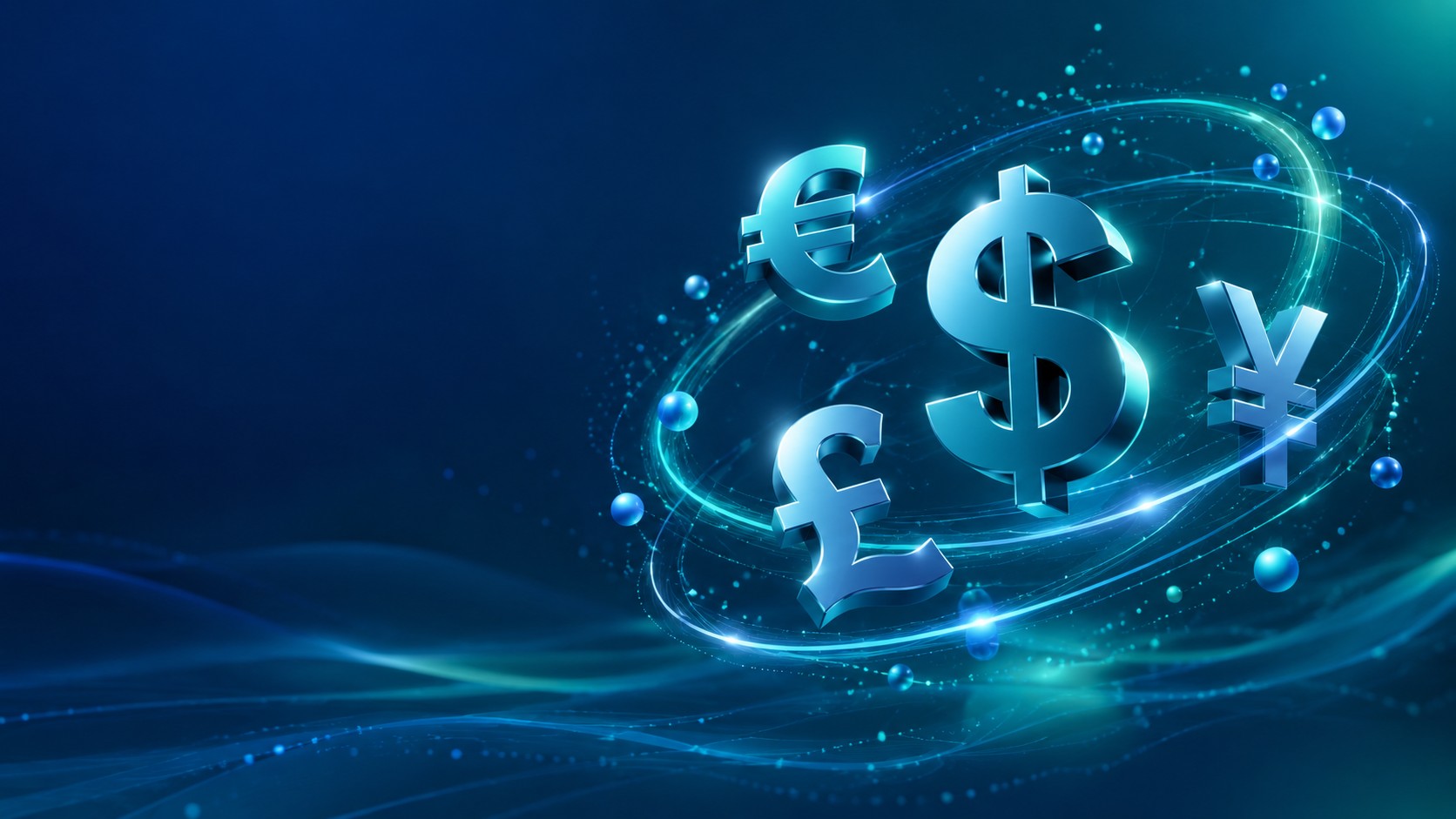 Floating 3d currency symbols of the dollar euro pound and yen orbiting each other
