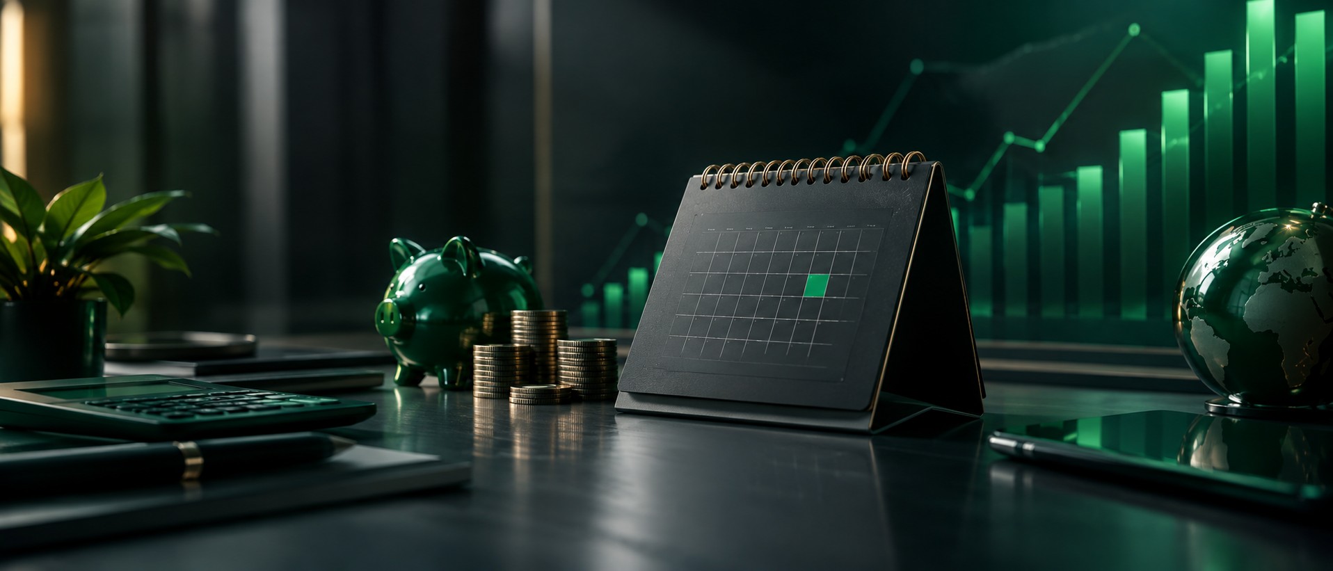 Elegant desk calendar with financial icons and a chart in the background